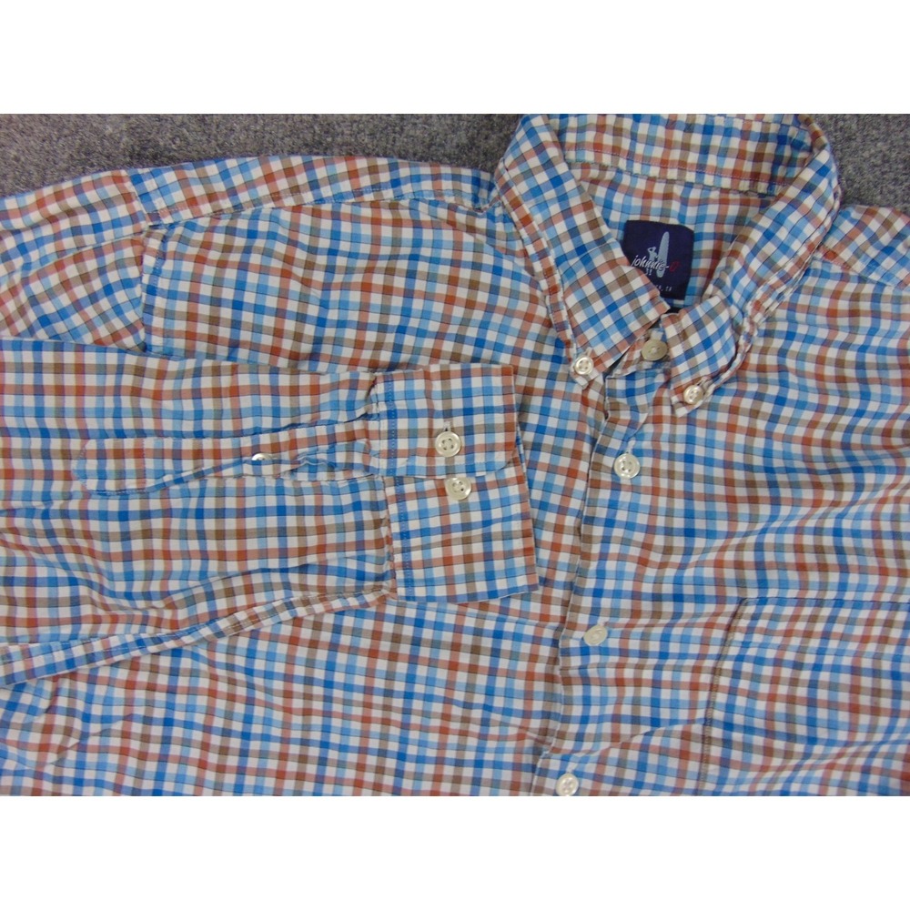 johnnie-O Shirt‎ Mens Large Button Down Blue Brown Plaid Long Sleeve Casual
